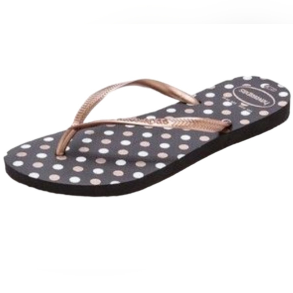 Havaianas Flip Flops Size 8.5 Bronze Upper With Black Sole. Polka-dot Detailing. - Picture 5 of 5